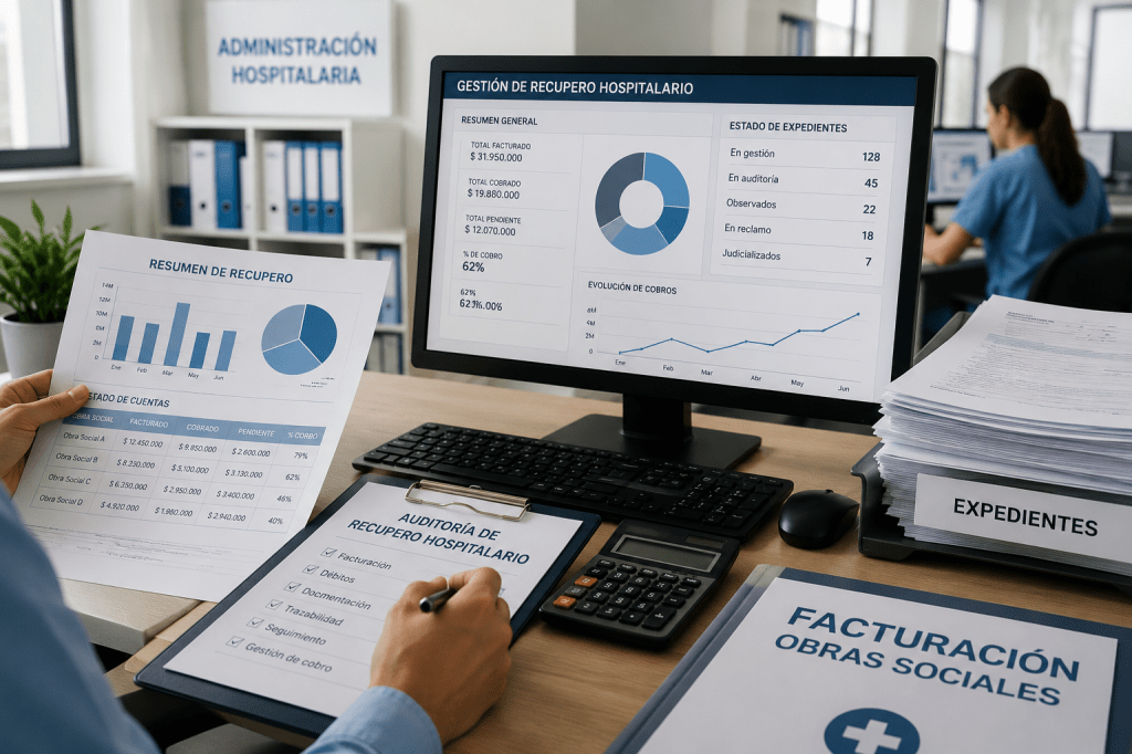 Personal administrativo realizando auditoría y seguimiento de facturación hospitalaria y recupero de obras sociales.