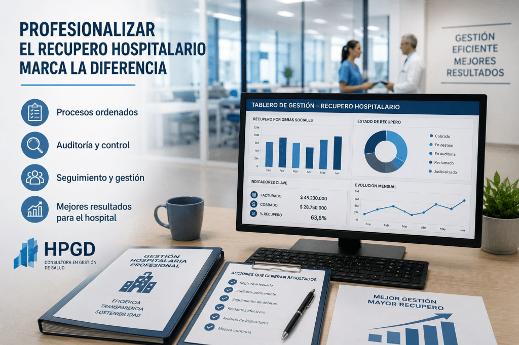 Equipo de gestión hospitalaria analizando indicadores y optimizando procesos de recupero hospitalario en un hospital municipal.