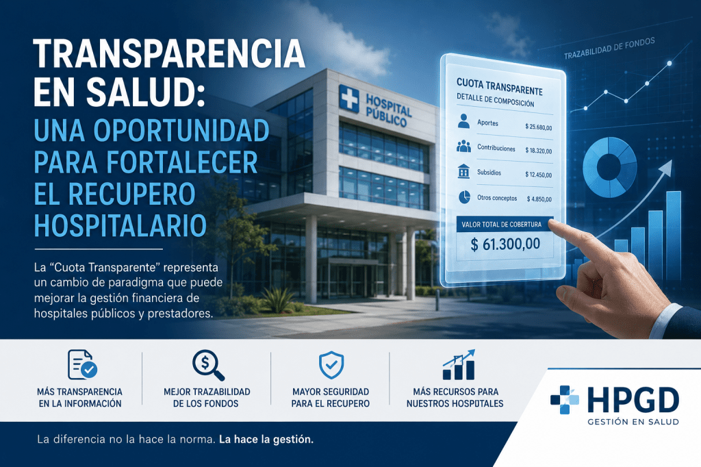 Ilustración sobre transparencia en salud que representa un hospital público, la Cuota Transparente y la trazabilidad de los fondos como herramientas para mejorar el recupero hospitalario y la gestión financiera.